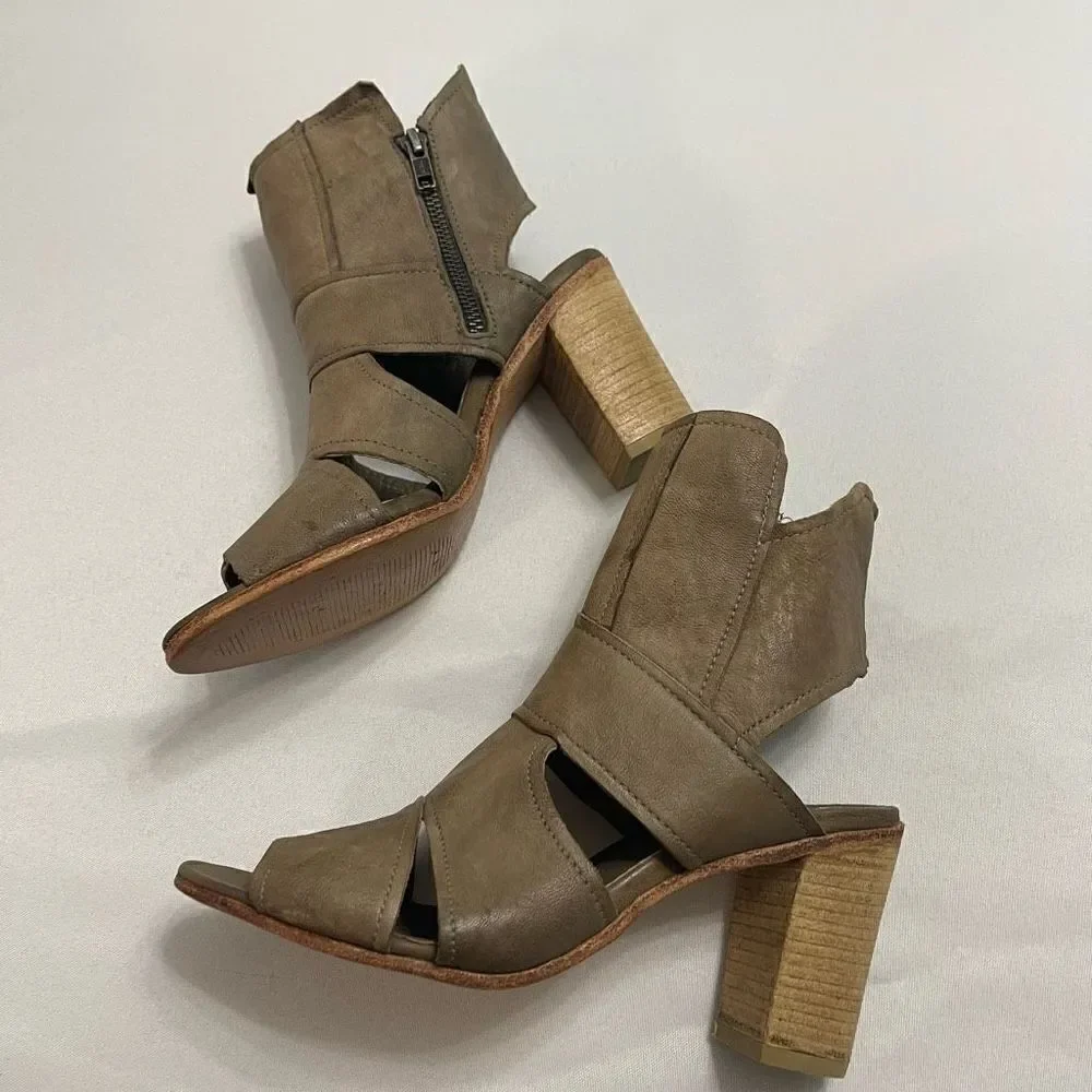 Free People Effie Taupe Leather Peep Toe Ankle Heels Sandal Bootie Size 38 US 8